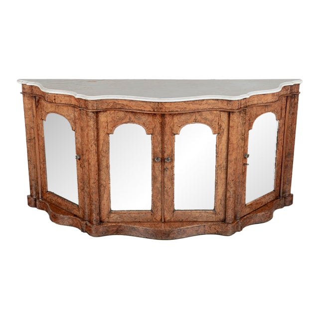 English Victorian Burl Walnut Serpentine Marble Top Sideboard For Sale