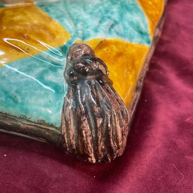 1960s Italian Hollywood Regency Terra Cotta Majolica Glazed Cat on Cushion Attributed to Bellini and Cantagalli For Sale - Image 4 of 8