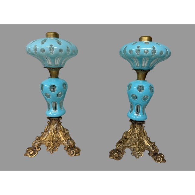Metal Pair of Antique Cutback Cased Glass Table Oil Lamps With Ornate Gilt Metal Bases For Sale - Image 7 of 7
