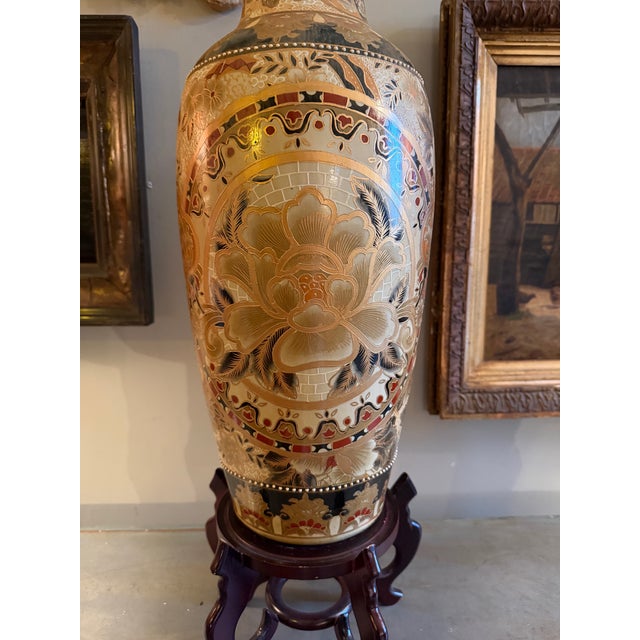 Vintage Chinese Satsuma Style 23.5" Porcelain Vase on Stand For Sale - Image 10 of 12