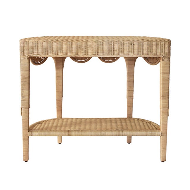 Worlds Away Matthew Izzo Home Paloma Demi Lune Rattan Console Table With Scalloped Top and Lower Open Shelf For Sale - Image 4 of 8