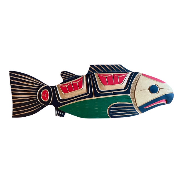 Squamish Nation Carved Wood and Paint Decorated Salmon Fish Wall Sculpture by Neil Baker For Sale