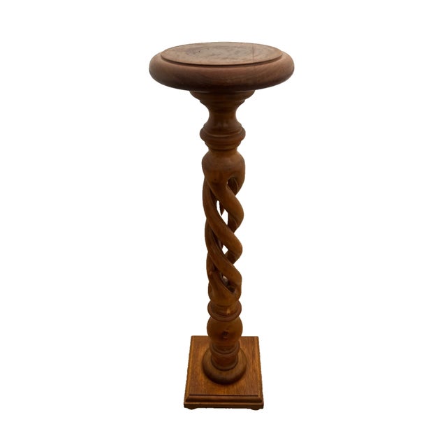 Vintage Plant Stand Tall Table Barley Twist Pedestal Column Round Top Walnut For Sale - Image 4 of 9