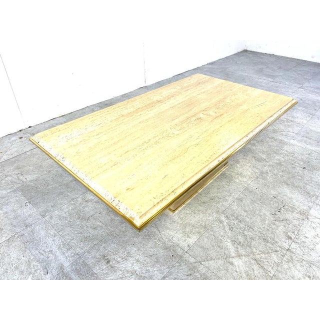 Brass and Travertine Coffee Table attributed to Fedam, 1970s For Sale - Image 11 of 12
