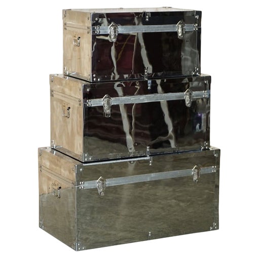 Chrome & Steel Storage Trunks, Set of 3 For Sale