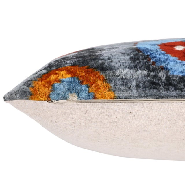 Gray Handmade Velvet Circle Pillow – 16x24" Gray Blue & Orange Silk Cushion For Sale - Image 8 of 8