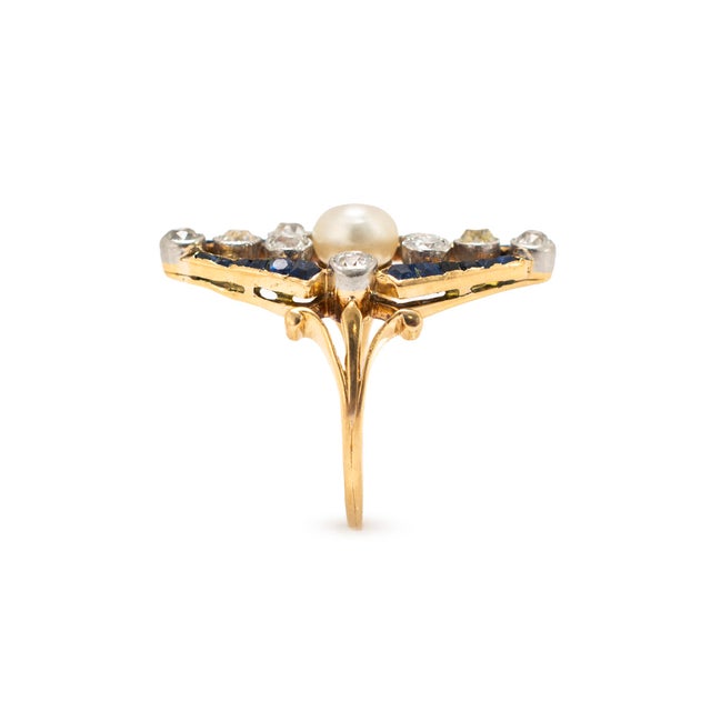 Early 21st Century Art Nouveau Platinum 18k Gold 1.77ctw Pearl Sapphire Diamond Navette Ring, Size 4.25 For Sale - Image 5 of 8