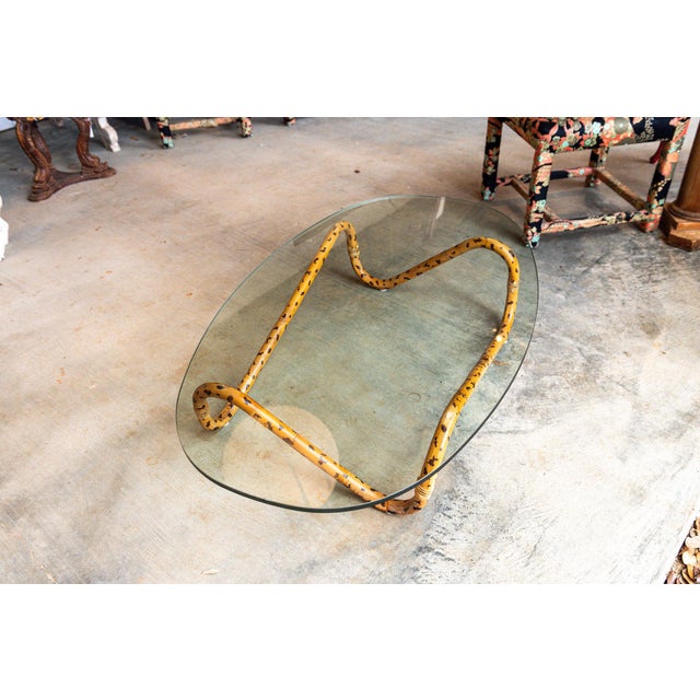 Metal Tortoiseshell Faux Bamboo Coffee Table With Oval Glass Top, Circa 1970 For Sale - Image 7 of 11
