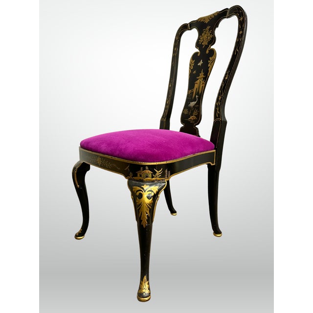 Kindel Queen Anne Hand Painted Chinoiserie Chairs Set of 6 Fuschia Velvet For Sale - Image 10 of 13