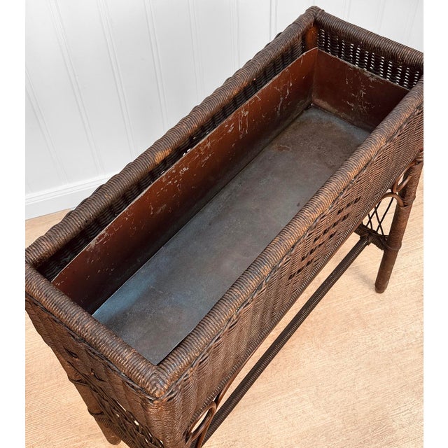 Brown Antique Victorian Wicker Window Box Plant Stand With Insert For Sale - Image 8 of 13