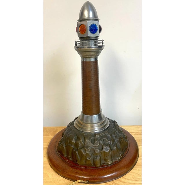 Early 20th Century French Art Deco Bronze, Steel, Crystal and Wood Model of a Lighthouse Lamp For Sale In Greensboro - Image 6 of 12