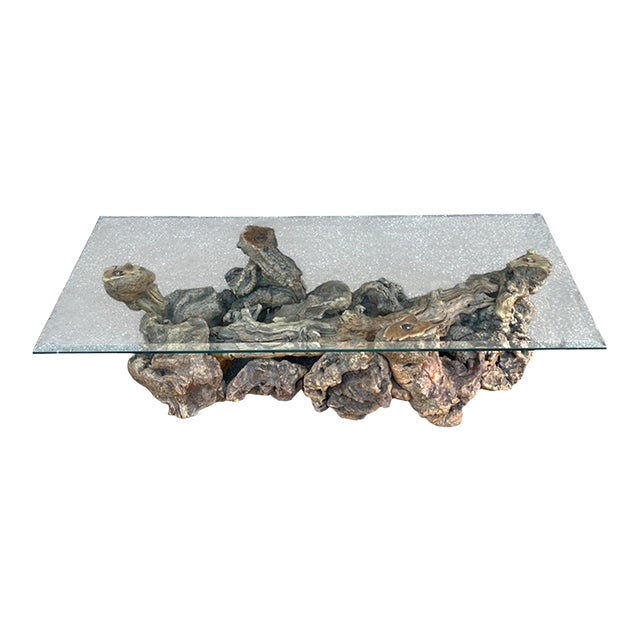 Vintage Sculptural Burl Wood Root Coffee Table With Glass Top – Organic Modern For Sale