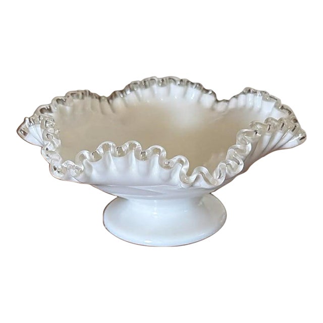 Vintage Milk Glass With Clear Ruffle Edges Fruit Bowl Candy Dish Cottage MCM For Sale