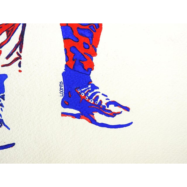 Vintage late 20th century gouache on watercolor paper abstract figure in red and blue painting. Signed Loomis lower right....