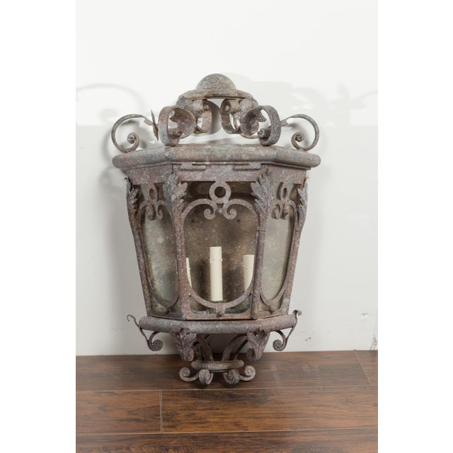 Gray 1920s French Iron Three-Light Lanterns with Scrolling Motifs and Foliage - a Pair For Sale - Image 8 of 12