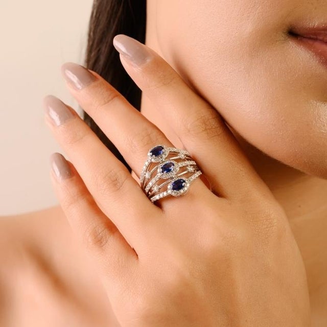 1 Ct Blue Sapphire & Diamond Multi Row Statement Ring Size 5 in 14k White Gold For Sale In New York - Image 6 of 16