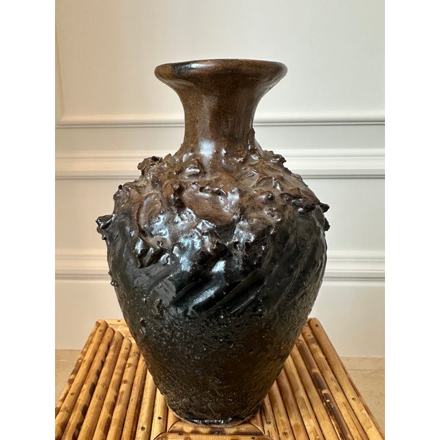 Fabulous Vintage Signed Brutalist Ceramic Vase. Terrific spiky, dimensional finish on the top half of the vessel....