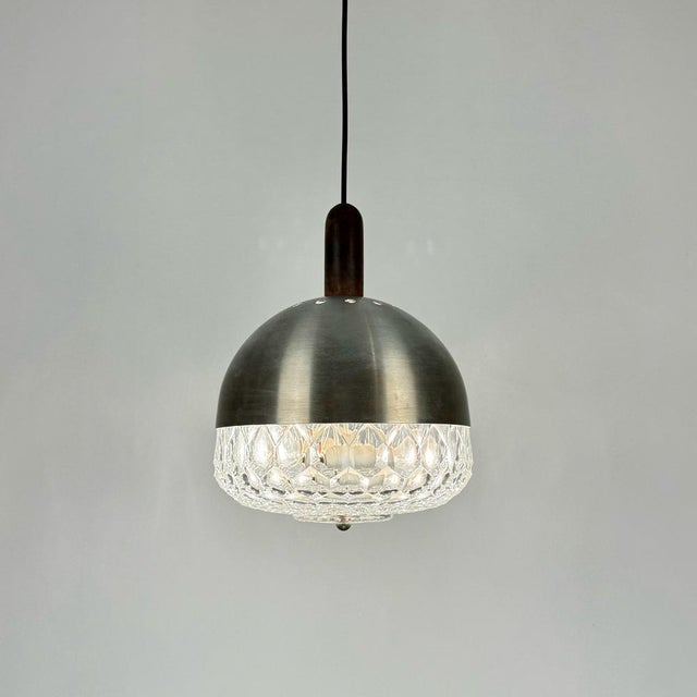 Mid-Century Modern Italian Pressed Glass Pendant Lamp in Brushed Metal and Wood from Stilux Milano, 1960s For Sale - Image 4 of 7