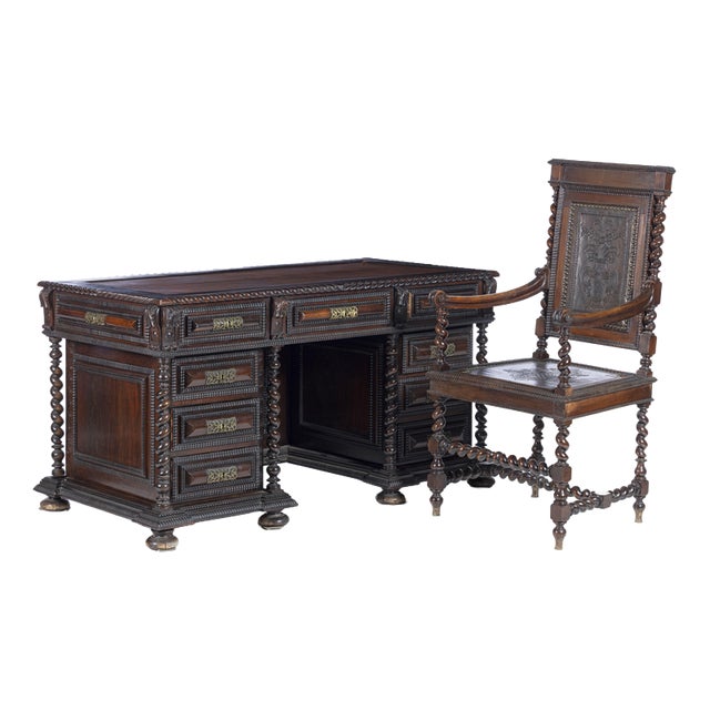 Desk and Armchair in Fine Wood, 19th Century, Set of 2 For Sale
