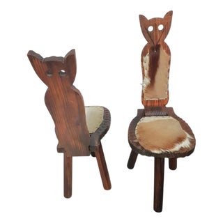 Brutalist Cow Hide Tripod Chairs, Spain, 1960s, Set of 2 For Sale