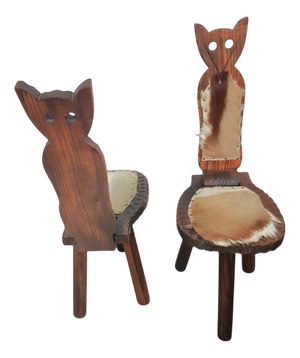 Brutalist Cow Hide Tripod Chairs, Spain, 1960s, Set of 2