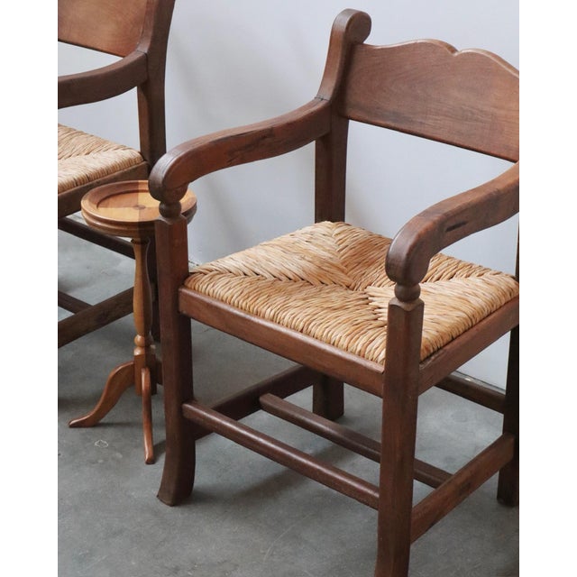 Mexican Vintage Mexican Walnut and Rush Armchairs - A Pair For Sale - Image 3 of 6