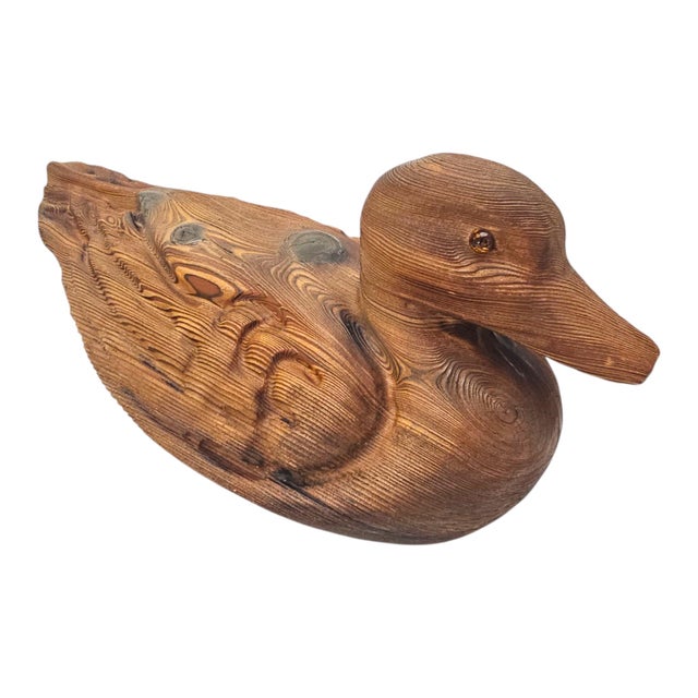Japanese Japanese Showa Period Yakisugi Cryptomeria Duck Sculpture With Glass Eyes 14.5" For Sale - Image 3 of 11