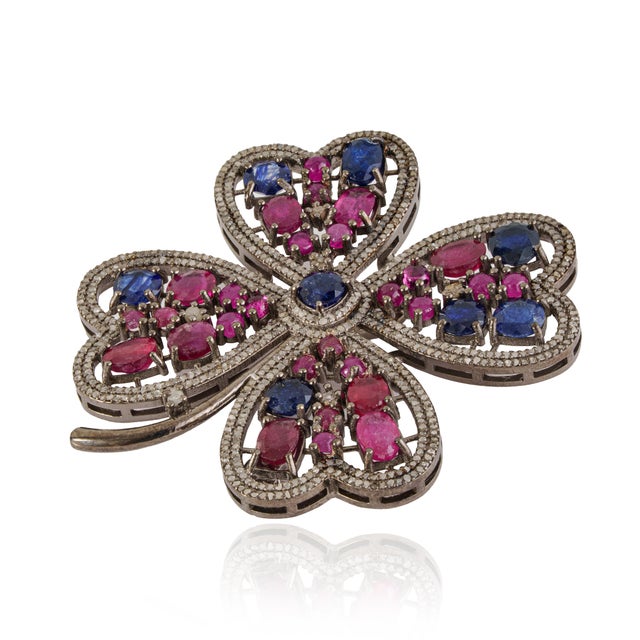 Not Yet Made - Made To Order Circa 1890s Style 6.25 Ct Ruby & Kyanite Four Leaf Clover Christmas Brooch Pendant For Sale - Image 5 of 15