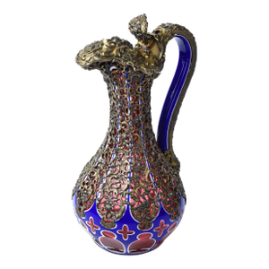 19th Century Double Cut Overlay Glass Pitcher With Rococo Style Silver Overlay