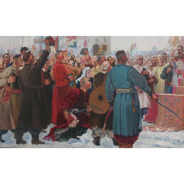 Original 'Pereyaslavskaya Rada' Oil Painting: Ukrainian Cossacks, Soviet Art 1970s 123-200 For Sale - Image 4 of 6