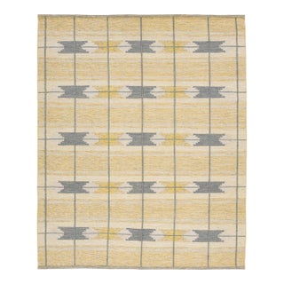 Swedish Style Flat-Weave Wool Rug in Warm Gold, Soft Grey, and Ivory Geometric For Sale