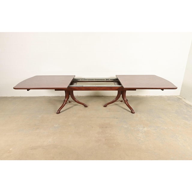 Brown Italian Provincial Carved Cherry Wood and Inlaid Brass Double Pedestal Extension Dining Table by Emanuel Morez For Sale - Image 8 of 13