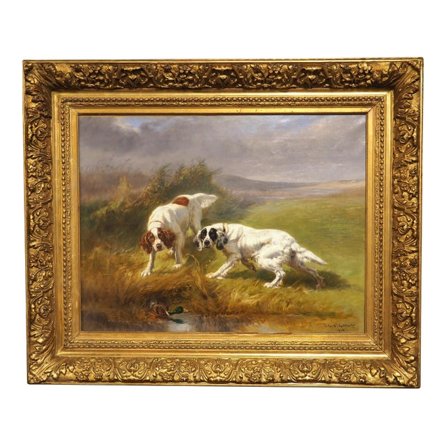 Antique French Hunt Painting of Setters and a Mallard, Oil on Canvas, 1904 For Sale