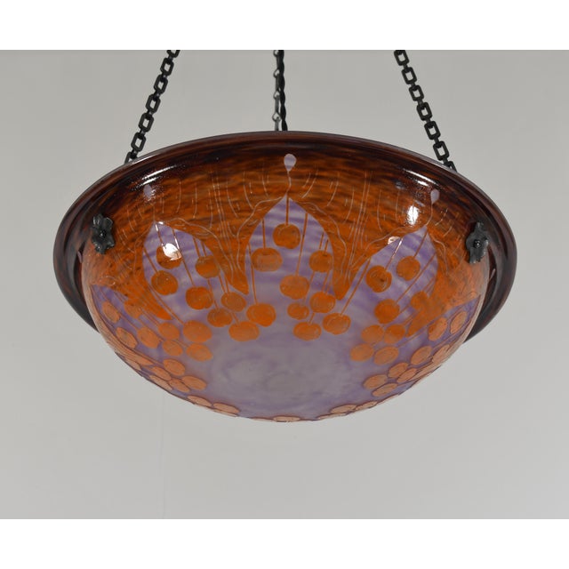 Metal French Art Deco Pendant Light by Le Verre Francais Schneider - 1925 Cameo Chandelier France For Sale - Image 7 of 15