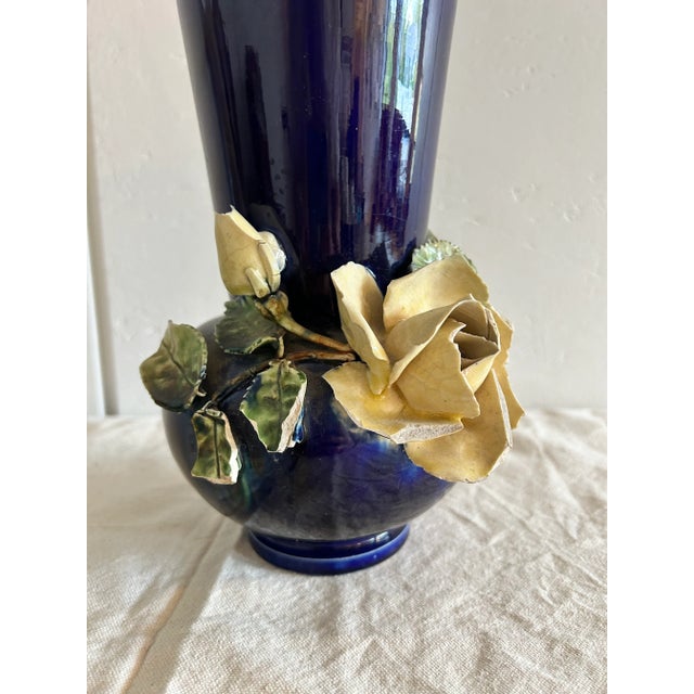Mid-Century Modern Antique French Barbotine Majolica Vase Applied Rose Vase For Sale - Image 3 of 9