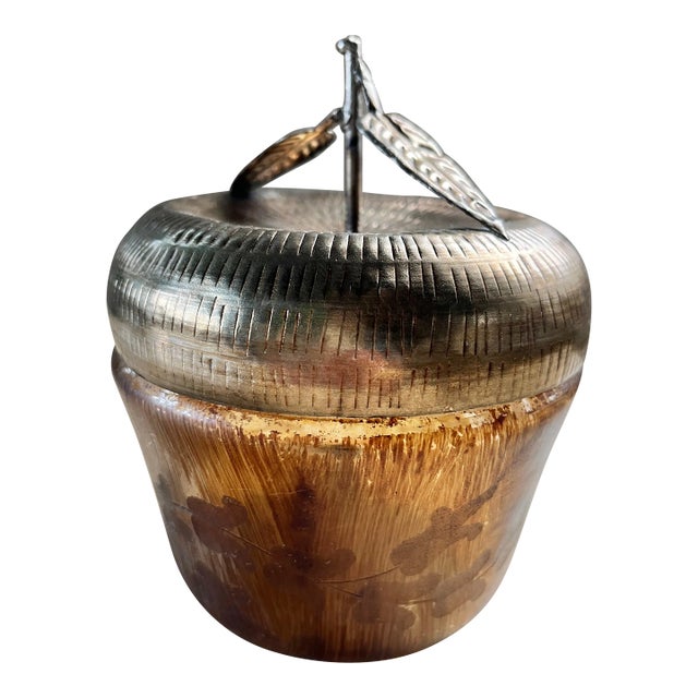 Vintage Apple Amber Glass Bowl With Brass Lid For Sale