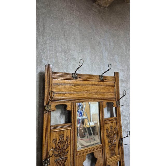 Vintage Carved Oak Hall Tree with Mirror and Coat Hooks, 1940s For Sale - Image 15 of 17