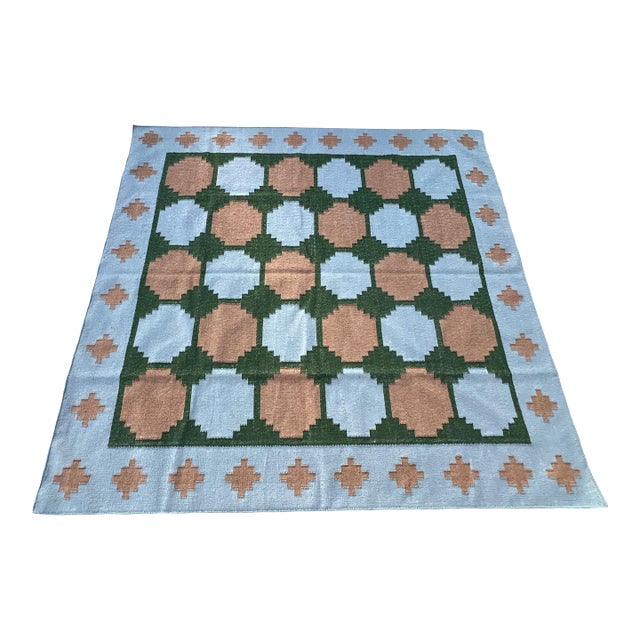 Handmade New Zealand Wool Dhurrie, Sky Blue, Beige and Green Swedish Tile Rug- 78"x88" For Sale