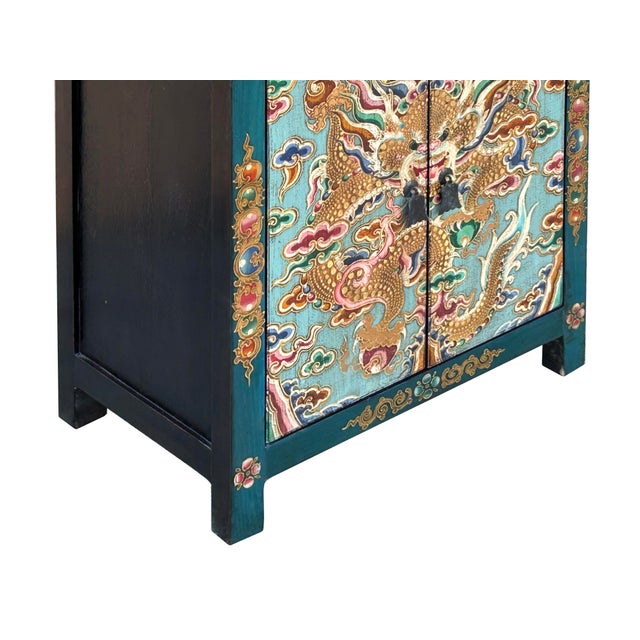 Tibetan Oriental Teal Blue Aqua Dragon Head Graphic End Table Nightstand For Sale - Image 9 of 12