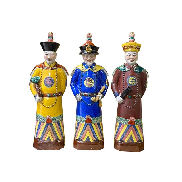 Chinese Color 3 Standing Ching Qing Emperor Kings Figure Set For Sale In San Francisco - Image 6 of 6
