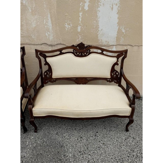 Victorian Antique Victorian Carved Mahogany Inlaid Parlor Set Sofa and 4 Chairs - 5 PCS For Sale - Image 3 of 18