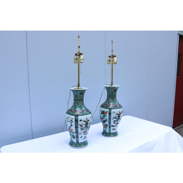Green Chinese Porcelain Baluster Vase Table Lamps 19th-Century Famille Verte, a Pair For Sale - Image 8 of 17