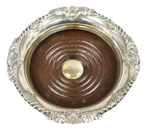 Vintage English Victorian Silver Plated Copper Mahogany Wine Bottle Coaster