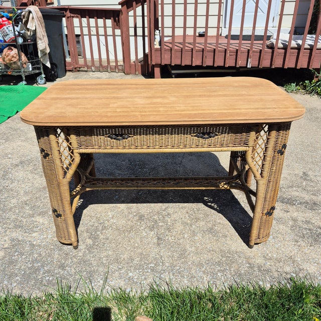 Wood Early 20th C Signed Heywood-Wakefield Arts & Crafts Wicker Library Console Table Desk For Sale - Image 7 of 12