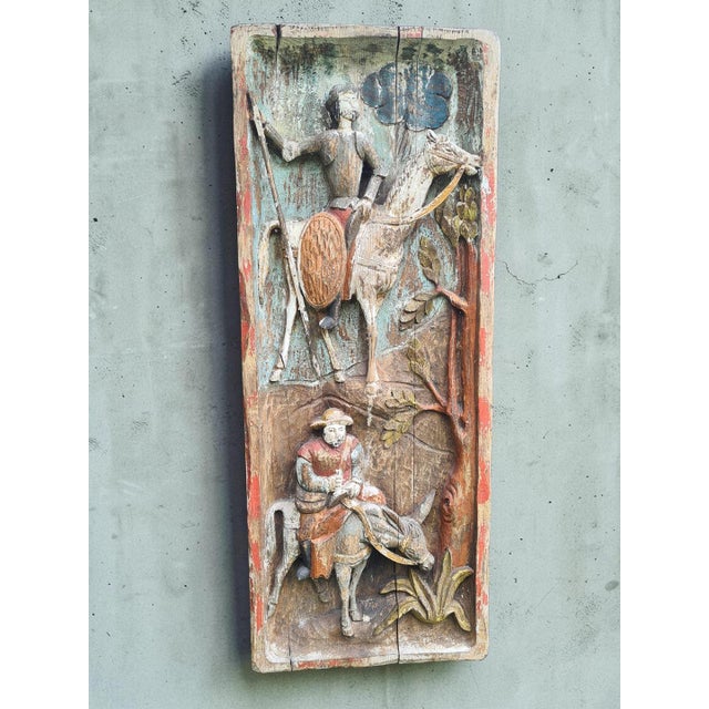 Wood Large Polychrome Relief Sculpture Titled Don Quixote and Sancho Panza in Carved Wood, 1960s For Sale - Image 7 of 11