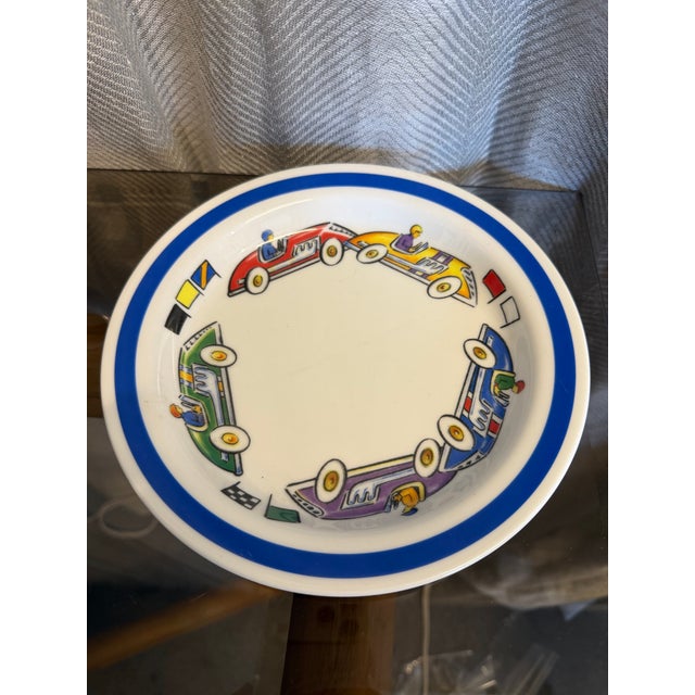 Gorgeous and fun vintage C.2000 cars multicolor motif Tiffany& Co. Porcelain baby/toddler boy set of plate and cup. Plate...