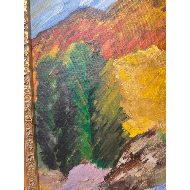 Idyllic American fall landscape featuring vibrant greens, reds, and golden yellows. It is a beautifully abstracted scene...