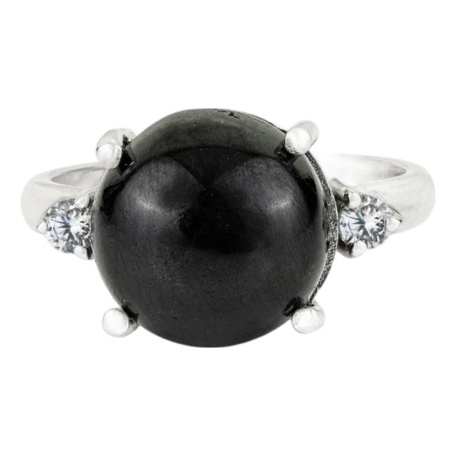 Vintage Black Star & Zircon Ring in White Gold Setting, Size 8 For Sale