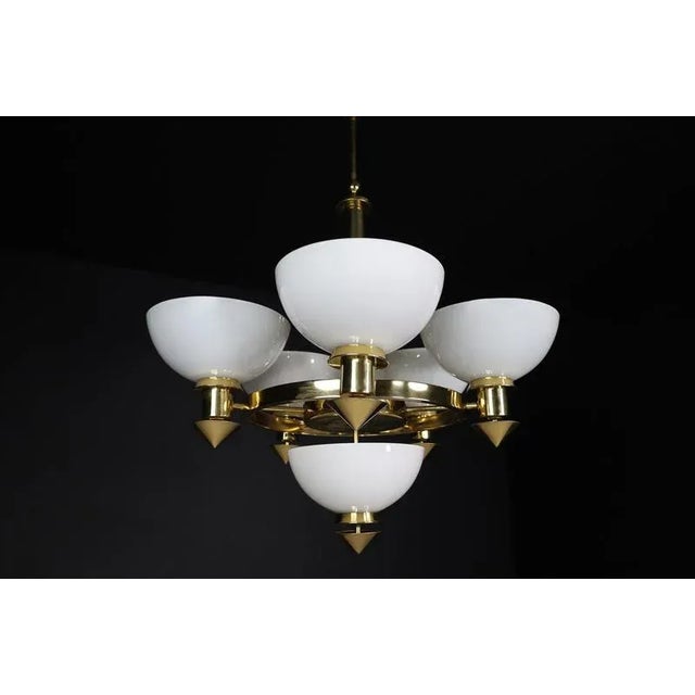 Sculptural Italian Chandelier in Brass & White Opaline Glass, 1970s For Sale - Image 14 of 18