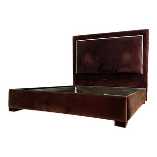 Late 20th Century Vintage King Size Mohair Velvet Upholstered Bed Frame, Large Chrome Nail Heads For Sale